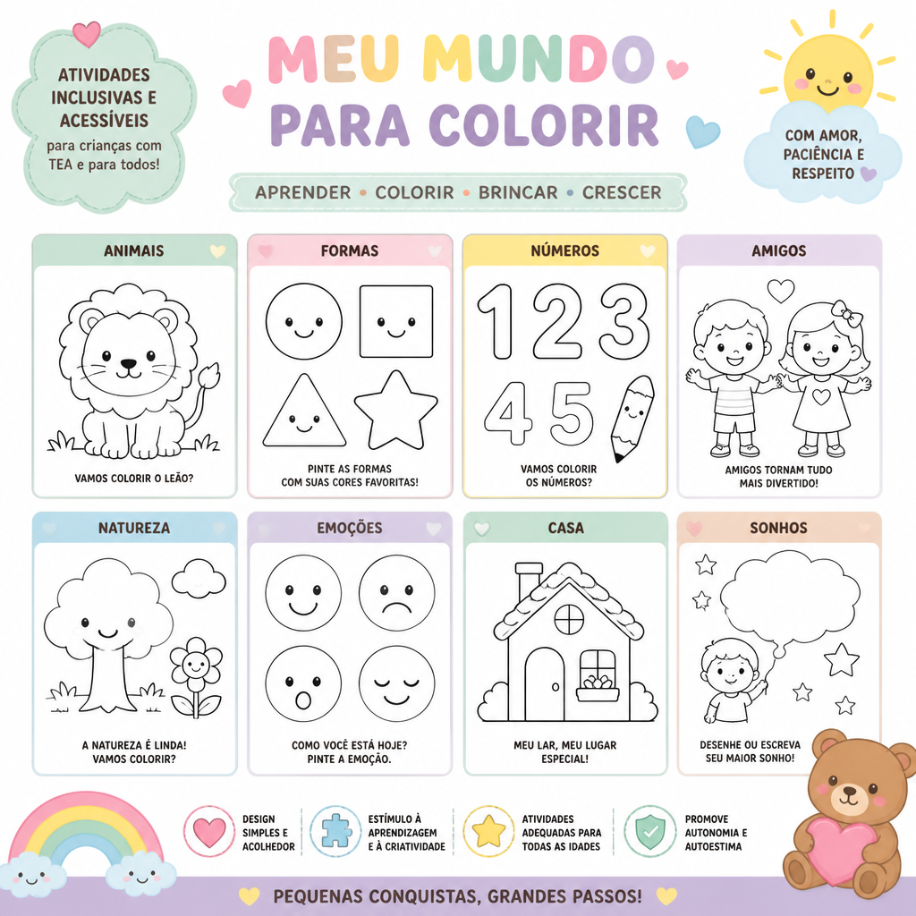 Páginas de atividades para colorir com animais, formas, números, emoções e natureza