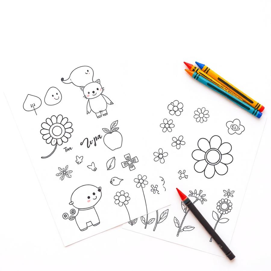Desenhos para colorir - Páginas fofas com animais, flores e formas simples.
